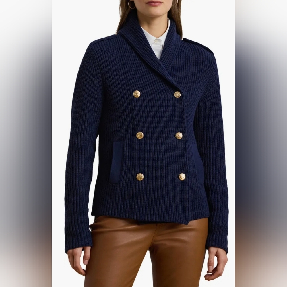 Ralph Lauren Navy Double-Breasted Shawl-Collar Cardigan with Gold Buttons